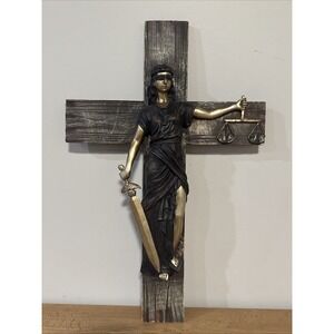 Lady Justice Wall Cross Blind Folded Lawyer Scale Sword Faux Wood Resin Statue